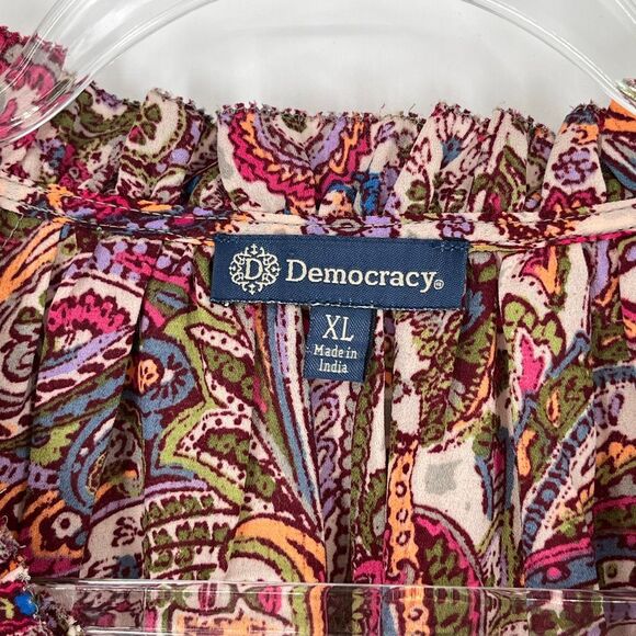 NWT DEMOCRACY Top XL 3/4 Blouson Sleeve Ruffle Split V-Neck Printed Sage Berry - Picture 8 of 16